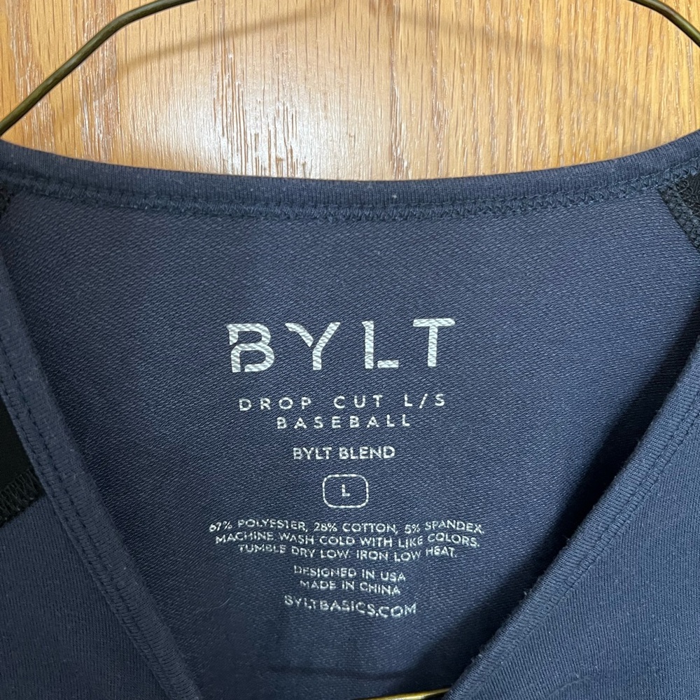 BYLT Large Long Sleeve Baseball style shirt. Blue and dark blue